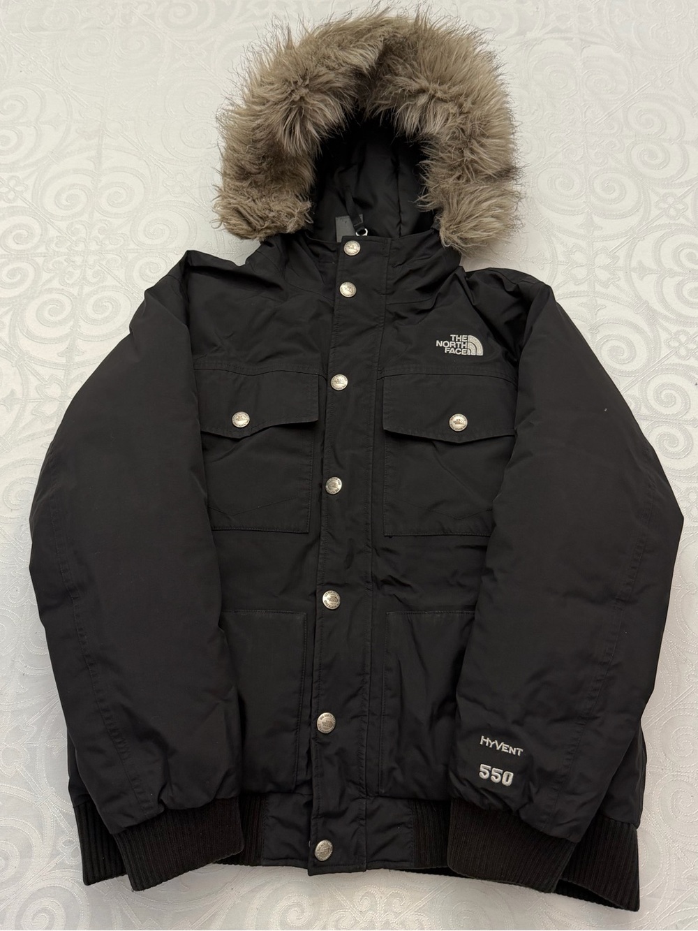 The North Face Black Hooded Down Puffer Jacket Unisex Size 10/12 Kid Faux Fur